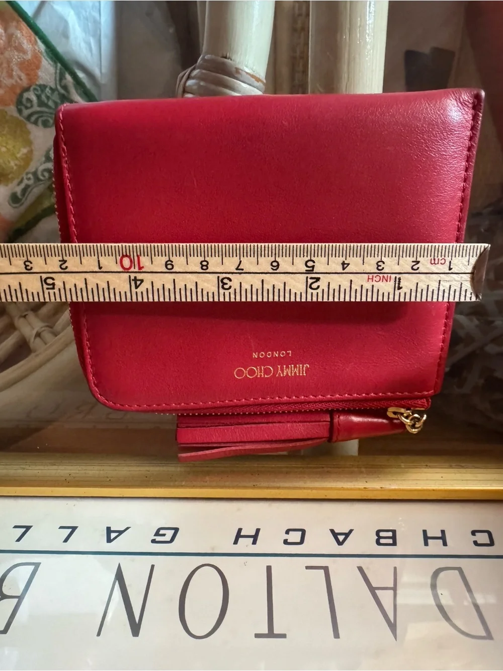 Jimmy Choo Red Leather Zip Around Coin Purse Card Case Tassel